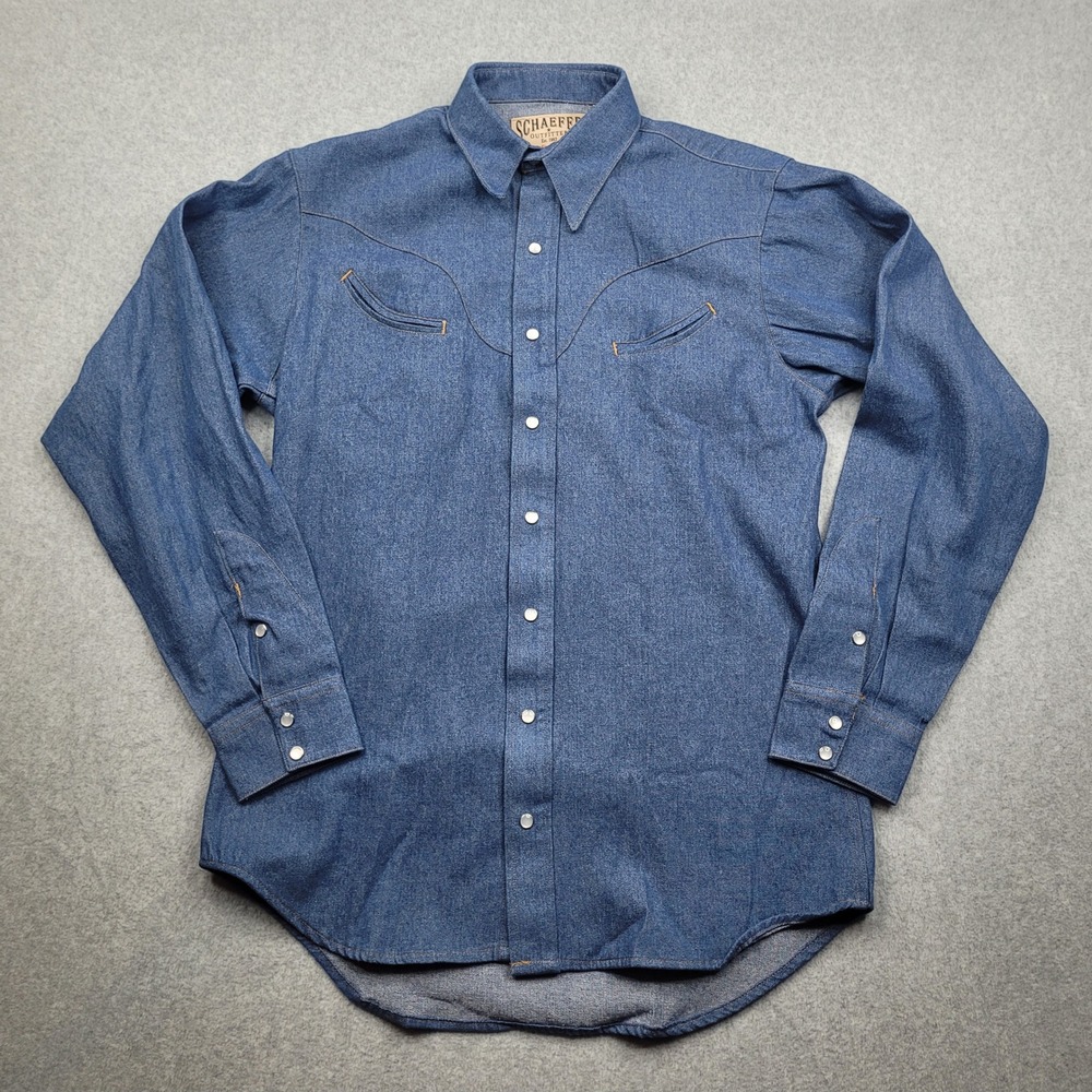 Schaefer Outfitter Western Shirt Mens Medium Blue Denim Pearl Snap 6060 USA